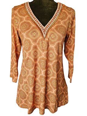 ✨Like New✨ Soft Surroundings Lilia Beaded V-Neck Tunic, Orange/Tan, Size XS